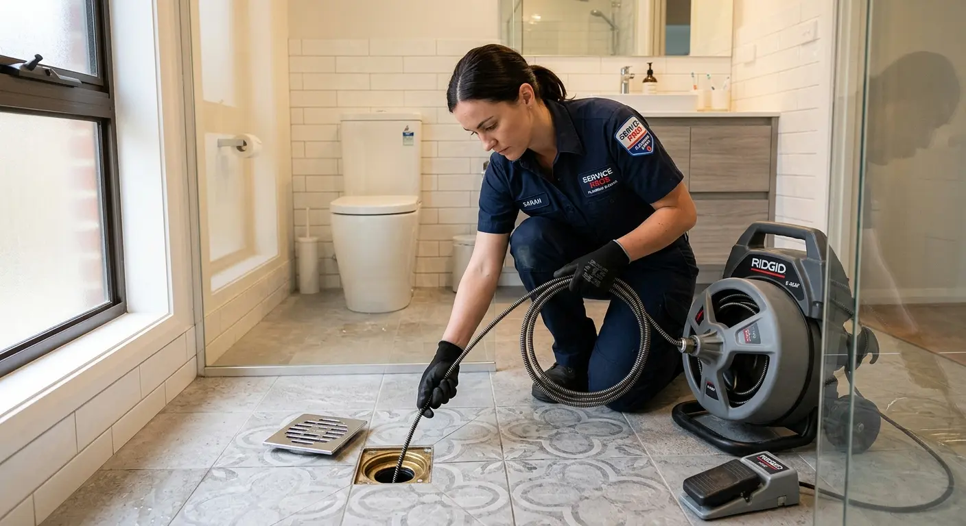 Technician clearing a bathroom floor drain for Sewer Line Installation in Goleta